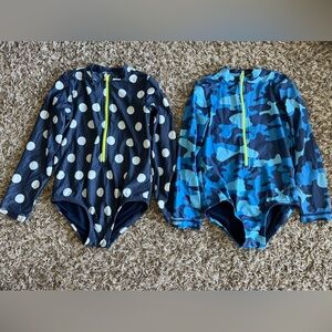 Primary lot of 2 blue polka dot camo long sleeve rash guard swimsuits sz 2-3T